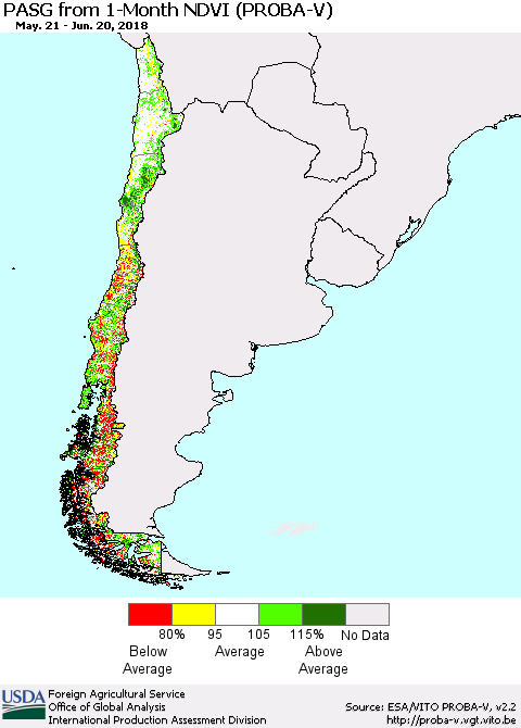 Chile PASG from 1-Month NDVI (PROBA-V) Thematic Map For 6/11/2018 - 6/20/2018