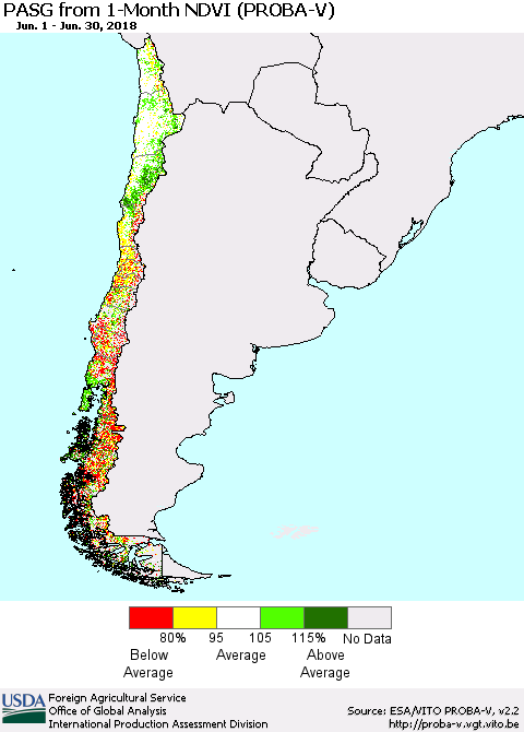 Chile PASG from 1-Month NDVI (PROBA-V) Thematic Map For 6/21/2018 - 6/30/2018