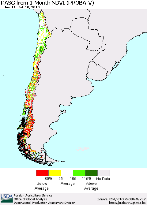 Chile PASG from 1-Month NDVI (PROBA-V) Thematic Map For 7/1/2018 - 7/10/2018
