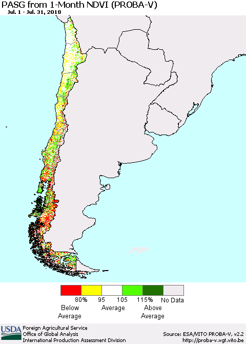Chile PASG from 1-Month NDVI (PROBA-V) Thematic Map For 7/21/2018 - 7/31/2018