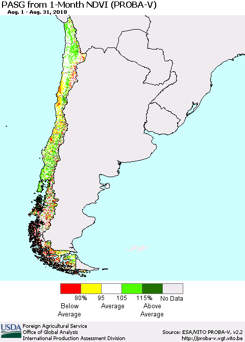 Chile PASG from 1-Month NDVI (PROBA-V) Thematic Map For 8/21/2018 - 8/31/2018