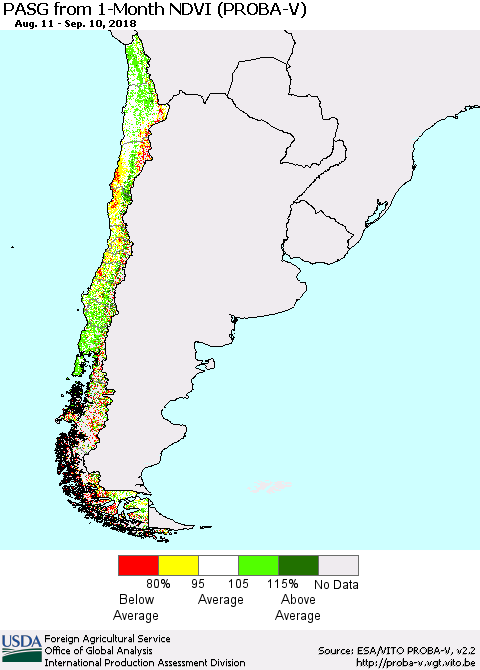 Chile PASG from 1-Month NDVI (PROBA-V) Thematic Map For 9/1/2018 - 9/10/2018