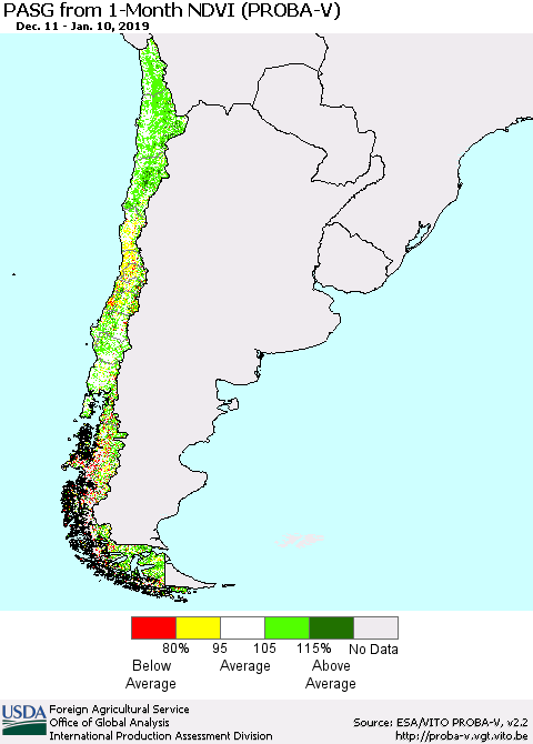 Chile PASG from 1-Month NDVI (PROBA-V) Thematic Map For 1/1/2019 - 1/10/2019