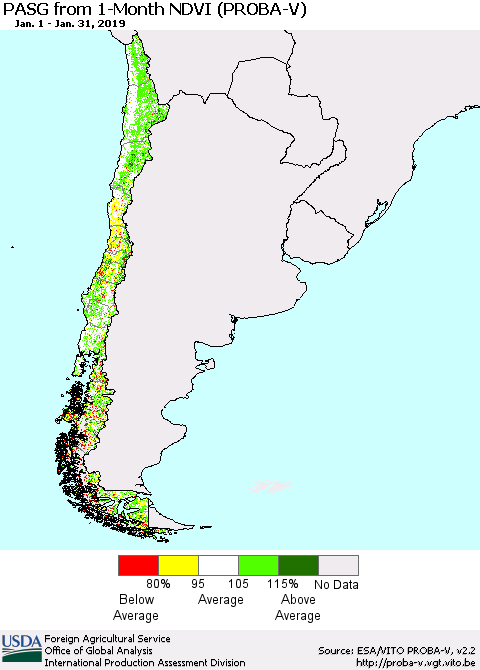 Chile PASG from 1-Month NDVI (PROBA-V) Thematic Map For 1/21/2019 - 1/31/2019