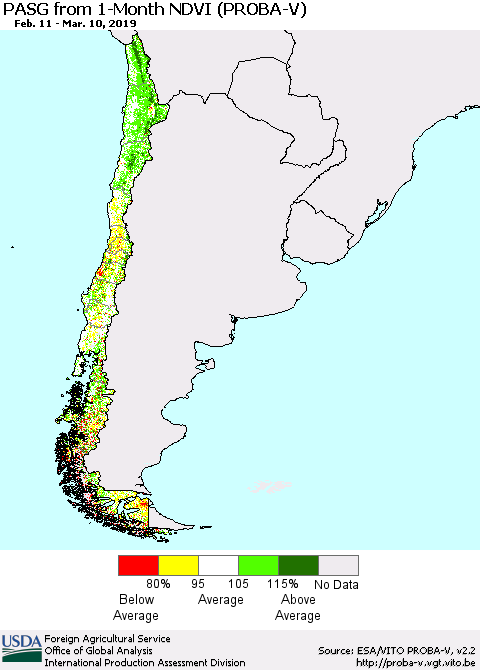 Chile PASG from 1-Month NDVI (PROBA-V) Thematic Map For 3/1/2019 - 3/10/2019