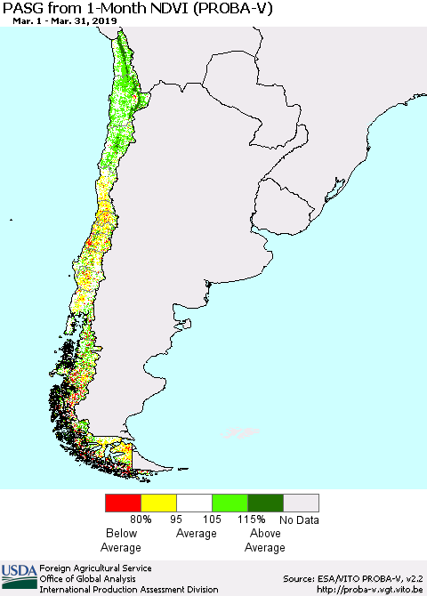 Chile PASG from 1-Month NDVI (PROBA-V) Thematic Map For 3/21/2019 - 3/31/2019