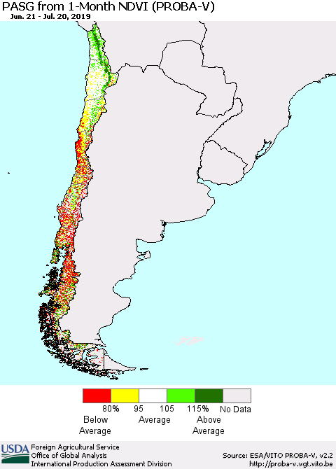 Chile PASG from 1-Month NDVI (PROBA-V) Thematic Map For 7/11/2019 - 7/20/2019