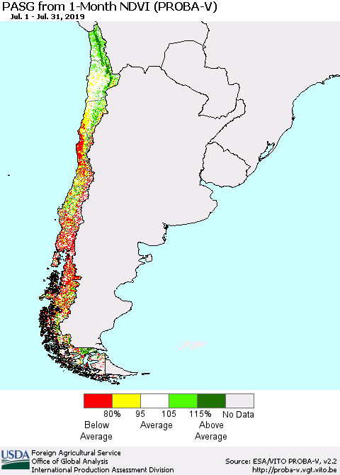 Chile PASG from 1-Month NDVI (PROBA-V) Thematic Map For 7/21/2019 - 7/31/2019