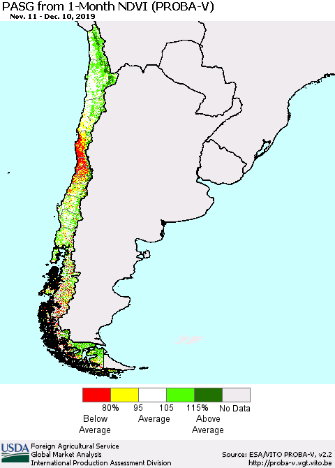 Chile PASG from 1-Month NDVI (PROBA-V) Thematic Map For 12/1/2019 - 12/10/2019