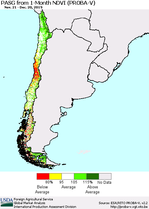 Chile PASG from 1-Month NDVI (PROBA-V) Thematic Map For 12/11/2019 - 12/20/2019