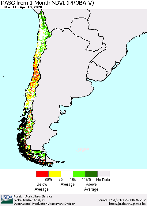 Chile PASG from 1-Month NDVI (PROBA-V) Thematic Map For 4/1/2020 - 4/10/2020