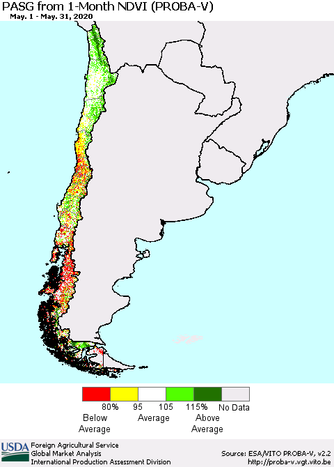 Chile PASG from 1-Month NDVI (PROBA-V) Thematic Map For 5/21/2020 - 5/31/2020