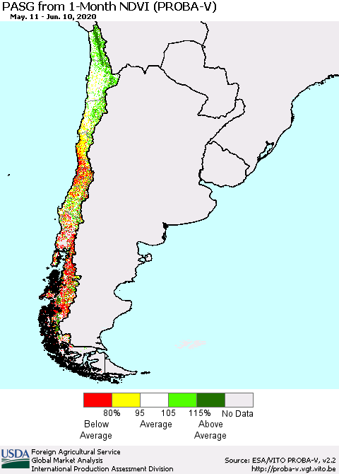 Chile PASG from 1-Month NDVI (PROBA-V) Thematic Map For 6/1/2020 - 6/10/2020