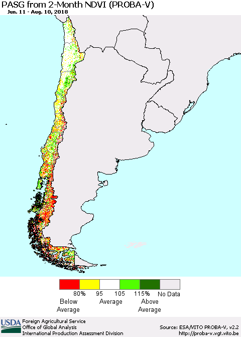 Chile PASG from 2-Month NDVI (PROBA-V) Thematic Map For 8/1/2018 - 8/10/2018