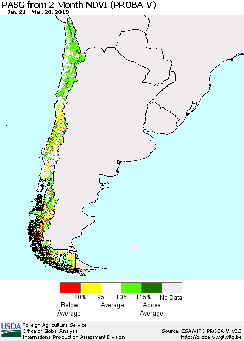 Chile PASG from 2-Month NDVI (PROBA-V) Thematic Map For 3/11/2019 - 3/20/2019
