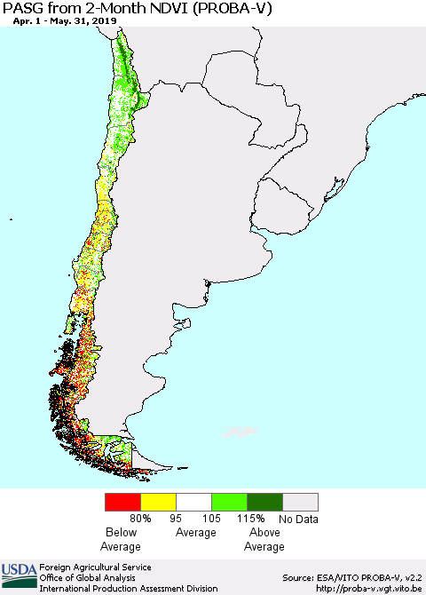 Chile PASG from 2-Month NDVI (PROBA-V) Thematic Map For 5/21/2019 - 5/31/2019