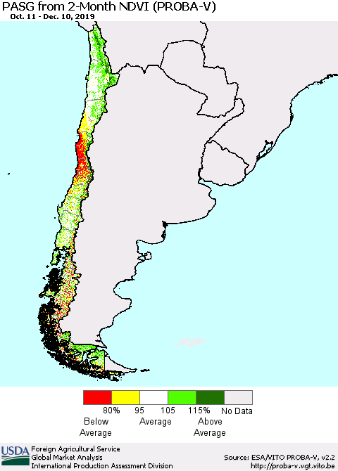 Chile PASG from 2-Month NDVI (PROBA-V) Thematic Map For 12/1/2019 - 12/10/2019