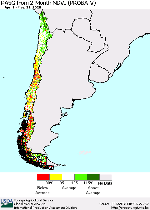 Chile PASG from 2-Month NDVI (PROBA-V) Thematic Map For 5/21/2020 - 5/31/2020