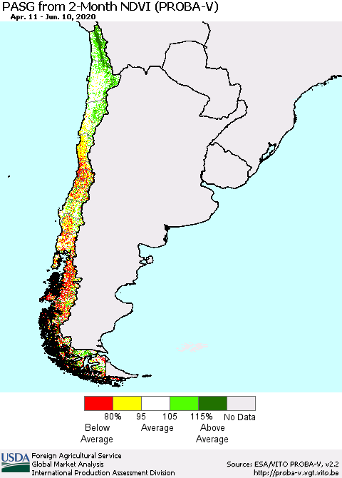Chile PASG from 2-Month NDVI (PROBA-V) Thematic Map For 6/1/2020 - 6/10/2020