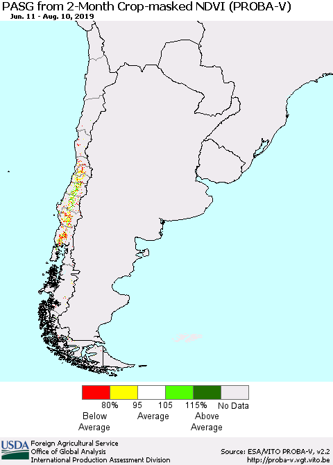 Chile PASG from 2-Month Crop-masked NDVI (PROBA-V) Thematic Map For 8/1/2019 - 8/10/2019