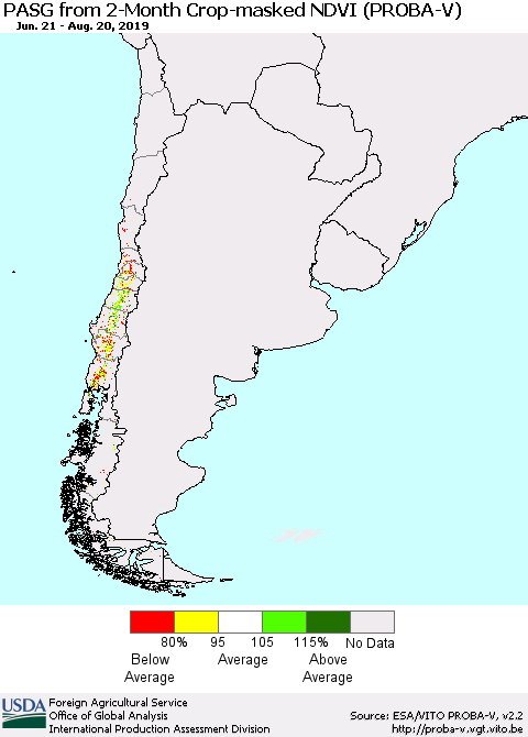 Chile PASG from 2-Month Crop-masked NDVI (PROBA-V) Thematic Map For 8/11/2019 - 8/20/2019