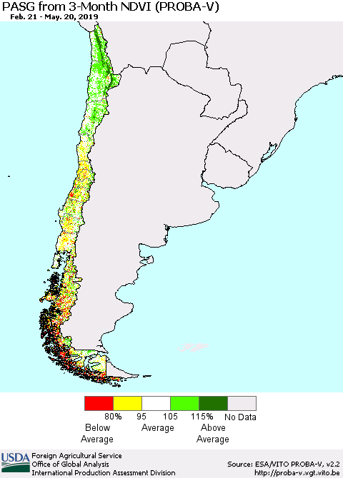 Chile PASG from 3-Month NDVI (PROBA-V) Thematic Map For 5/11/2019 - 5/20/2019