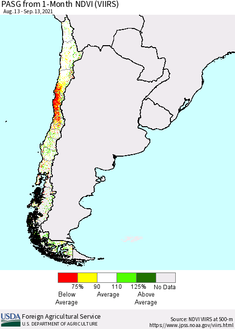 Chile PASG from 1-Month NDVI (VIIRS) Thematic Map For 9/11/2021 - 9/20/2021