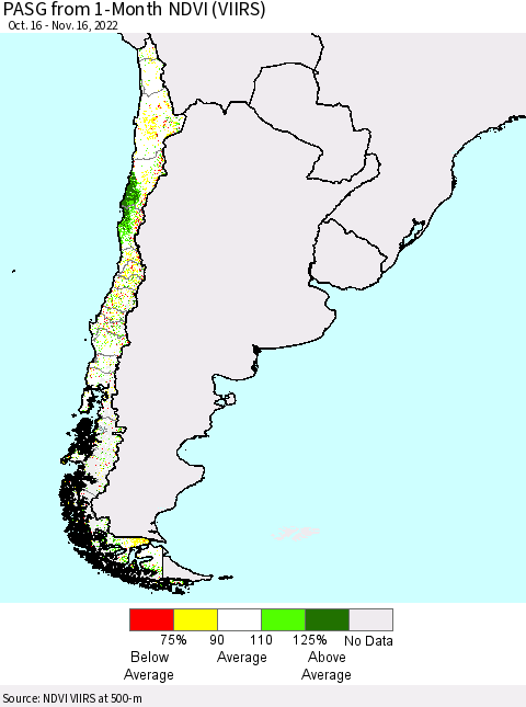 Chile PASG from 1-Month NDVI (VIIRS) Thematic Map For 11/9/2022 - 11/16/2022