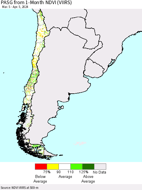 Chile PASG from 1-Month NDVI (VIIRS) Thematic Map For 3/29/2024 - 4/5/2024