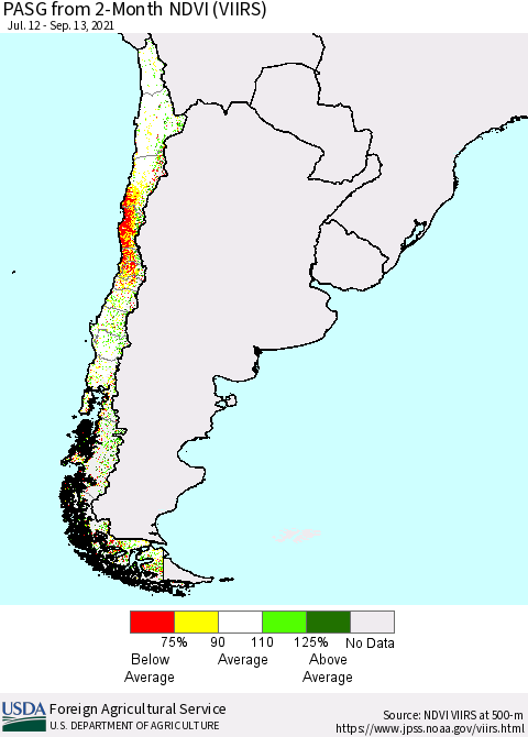 Chile PASG from 2-Month NDVI (VIIRS) Thematic Map For 9/11/2021 - 9/20/2021