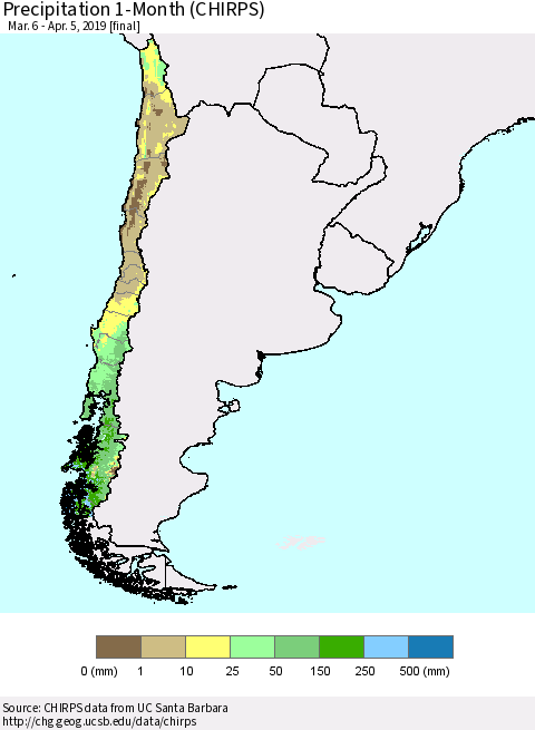 Chile Precipitation 1-Month (CHIRPS) Thematic Map For 3/6/2019 - 4/5/2019