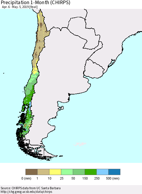 Chile Precipitation 1-Month (CHIRPS) Thematic Map For 4/6/2019 - 5/5/2019
