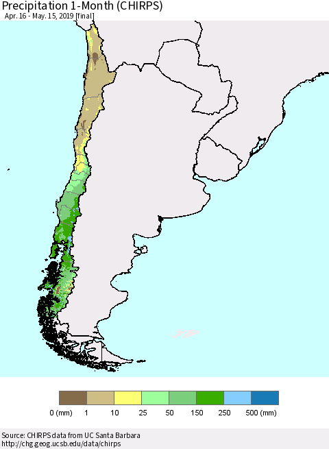 Chile Precipitation 1-Month (CHIRPS) Thematic Map For 4/16/2019 - 5/15/2019