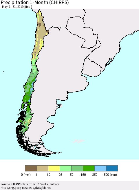 Chile Precipitation 1-Month (CHIRPS) Thematic Map For 5/1/2019 - 5/31/2019