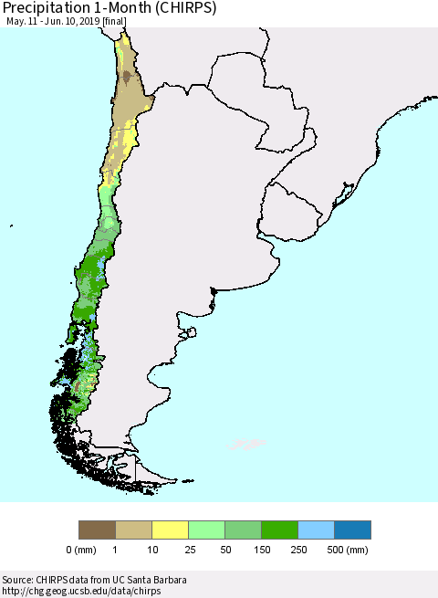 Chile Precipitation 1-Month (CHIRPS) Thematic Map For 5/11/2019 - 6/10/2019
