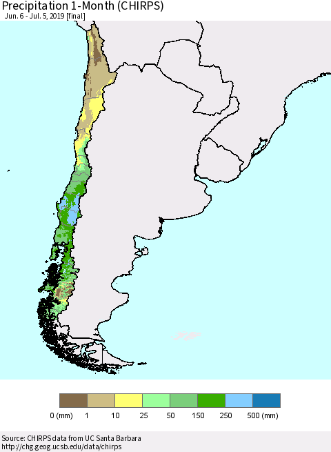 Chile Precipitation 1-Month (CHIRPS) Thematic Map For 6/6/2019 - 7/5/2019