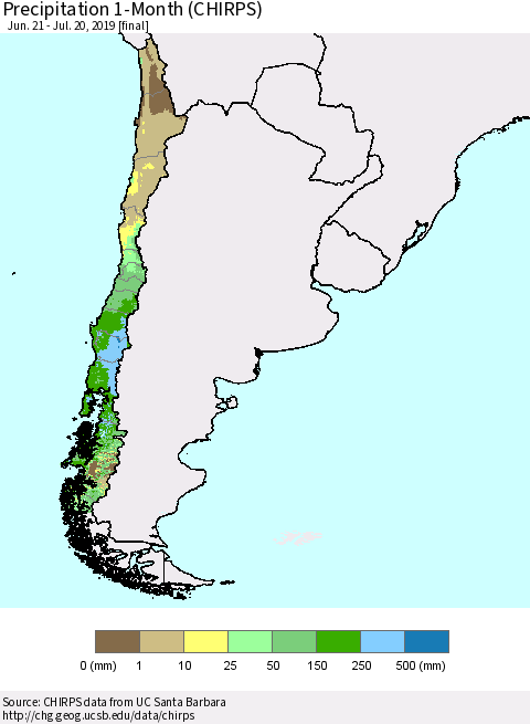 Chile Precipitation 1-Month (CHIRPS) Thematic Map For 6/21/2019 - 7/20/2019
