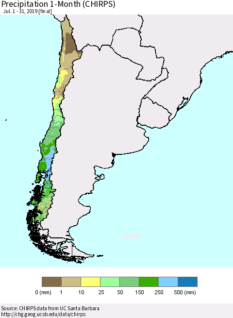 Chile Precipitation 1-Month (CHIRPS) Thematic Map For 7/1/2019 - 7/31/2019