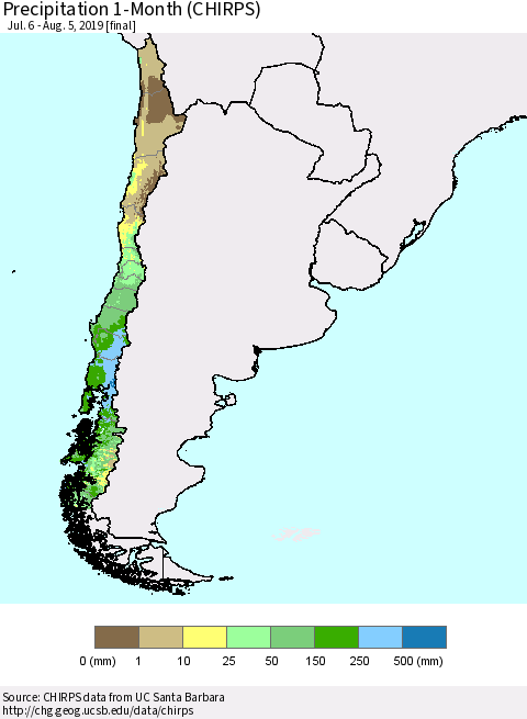 Chile Precipitation 1-Month (CHIRPS) Thematic Map For 7/6/2019 - 8/5/2019