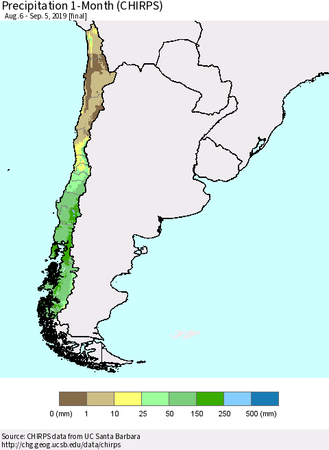 Chile Precipitation 1-Month (CHIRPS) Thematic Map For 8/6/2019 - 9/5/2019