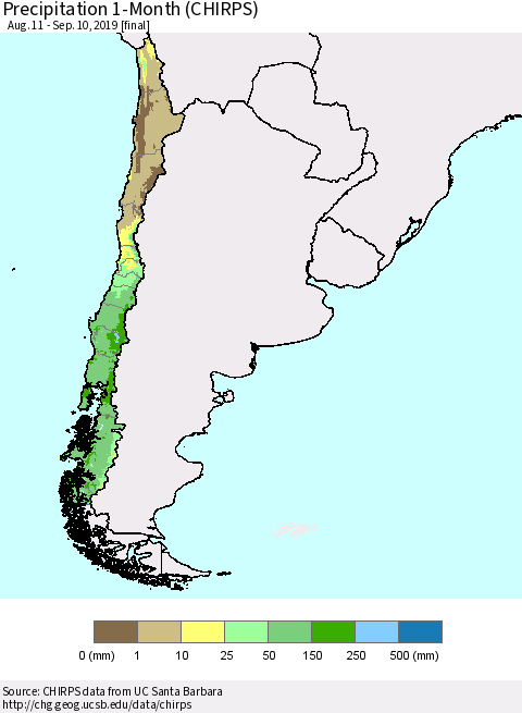 Chile Precipitation 1-Month (CHIRPS) Thematic Map For 8/11/2019 - 9/10/2019