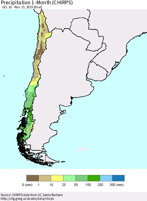 Chile Precipitation 1-Month (CHIRPS) Thematic Map For 10/16/2019 - 11/15/2019