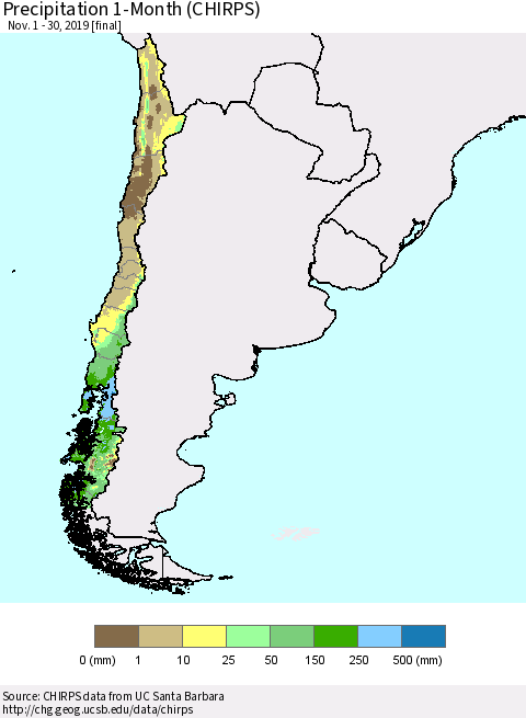 Chile Precipitation 1-Month (CHIRPS) Thematic Map For 11/1/2019 - 11/30/2019
