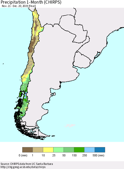 Chile Precipitation 1-Month (CHIRPS) Thematic Map For 11/21/2019 - 12/20/2019