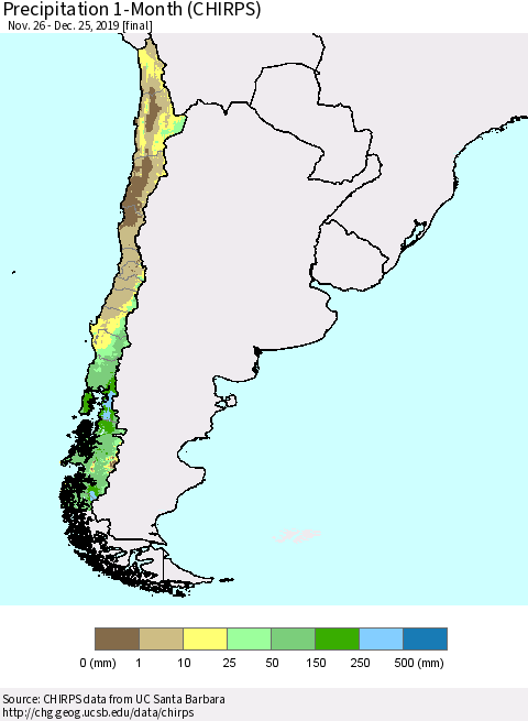 Chile Precipitation 1-Month (CHIRPS) Thematic Map For 11/26/2019 - 12/25/2019