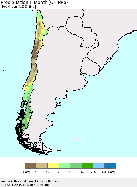 Chile Precipitation 1-Month (CHIRPS) Thematic Map For 12/6/2019 - 1/5/2020