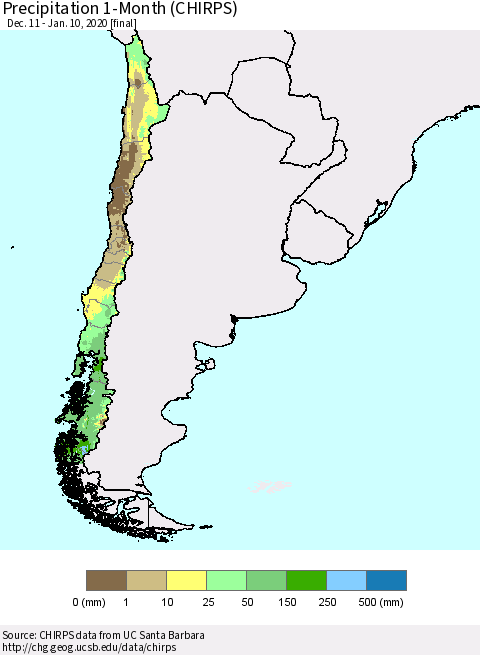Chile Precipitation 1-Month (CHIRPS) Thematic Map For 12/11/2019 - 1/10/2020