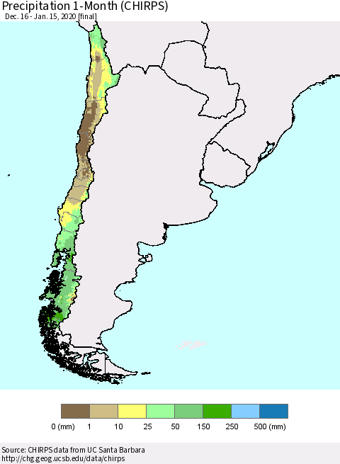 Chile Precipitation 1-Month (CHIRPS) Thematic Map For 12/16/2019 - 1/15/2020