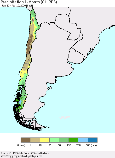 Chile Precipitation 1-Month (CHIRPS) Thematic Map For 1/11/2020 - 2/10/2020