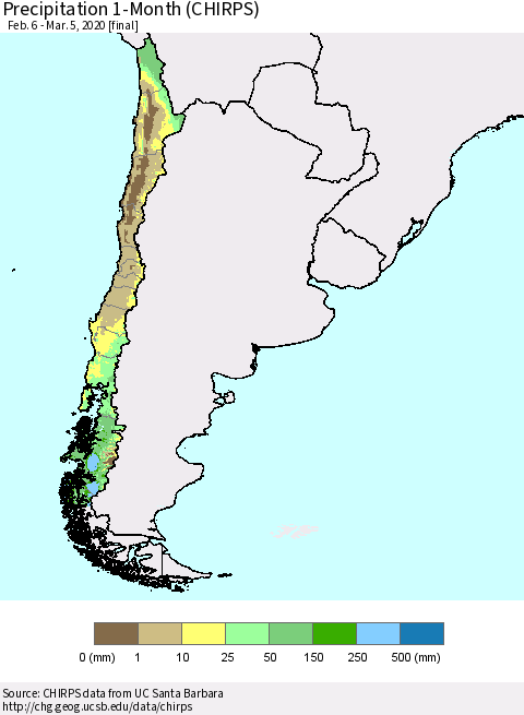 Chile Precipitation 1-Month (CHIRPS) Thematic Map For 2/6/2020 - 3/5/2020